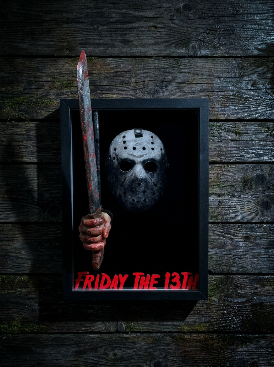 Nightmares in Frame Camp Blood Vigilance Friday the 13th 3D wall art in relief sleek matte black frame ready to hang